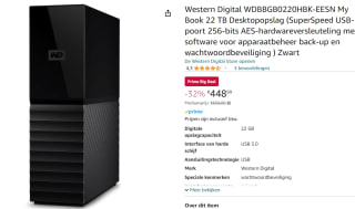 WD My Book USB 3.0 (WDBBGB) 22TB Zwart voor €448,99 bij Amazon
