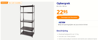 Opbergrek/Stellingkast 80 x 40 x 183 cm voor €.22,95 bij de Action