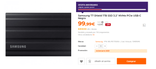 Disco Duro Samsung T7 Shield 1TB SSD 3.2" NVMe PCIe USB-C por 99.99€