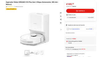 DREAME D10 Plus Gen 2 Robot Aspirador y Fregasuelos, 6000Pa con Base Autovaciado por 189€