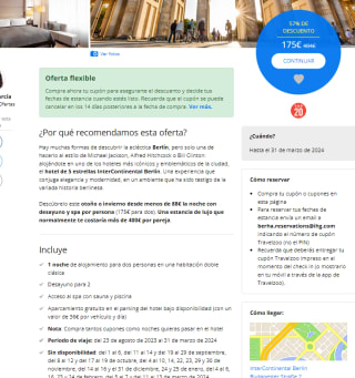 Estancia 1 noche en hotel de 5 estrellas InterContinental Berlín para 2 por 175€