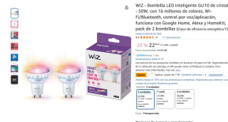 Pack 2 bombillas WiZ LED inteligente GU10 50W funciona con Google Home, Alexa y HomeKit por 11,99€