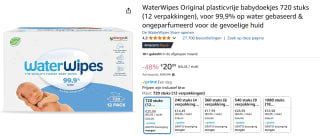 WaterWipes Original plasticvrije babydoekjes 720 stuks (12 verpakkingen) voor €20,99 bij Amazon