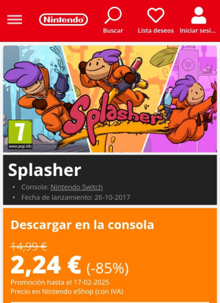 Splasher Nintendo Switch por 2,24€.