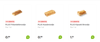 1+1 gratis op PLUS Kaas-, frikandel- of kipsatébroodje
