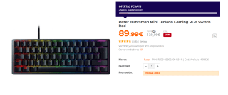 Teclado gaming - Razer Huntsman Mini, USB-C, Retroiluminación Chroma RGB por 89.99€