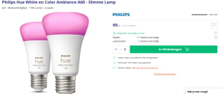 Philips Hue standaardlamp E27 Lichtbron - wit en gekleurd licht - 2-pack voor €69 bij Azerty