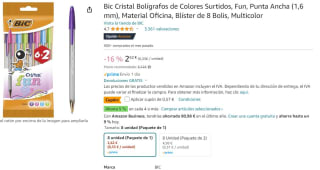 Pack 8 Bic Cristal Bolígrafos Colores Surtidos, Fun, Punta Ancha por 2,05€