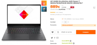 Ordenador Portatil HP OMEN 16-c0043ns AMD Ryzen 7 5800H/16GB/512GB SSD/RX 6600M/16.1" por 889€