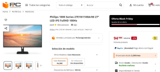 Monitor Full HD de 27 Pulgadas, marca Philips 27E1N1100A Integrado Altavoz, Tiempo de Respuesta de 1 ms por 94,90€