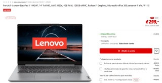 Ordenador Portátil - Lenovo IdeaPad 1 14ADA7, 14" Full HD, AMD 3020e, 4GB RAM, 128GB eMMC, Radeon™ Graphics, Microsoft office 365 personal 1 año, W11 S por 299€