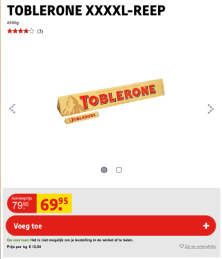 TOBLERONE XXXXL-REEP (4,5kg) voor 69,95 euro