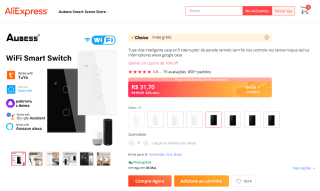 Interruptor inteligente da Aubess Tuya com Alexa e Nest Google - R$ 31,70