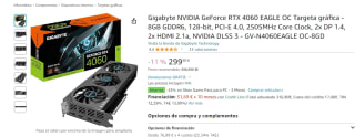 Tarjeta gráfica Gigabyte GeForce RTX 4060 EAGLE OC 8GB GDDR6 DLSS3 por 299,90€