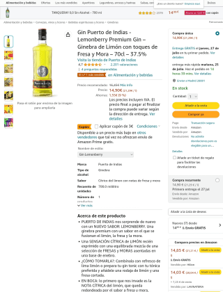 Gin Puerto de Indias Lemonberry Premium Gin – Ginebra de Limón con toques de Fresa y Mora 70cl 37.5% por 11,90€