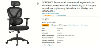 SONGMICS ergonomische bureaustoel voor €89,67 bij Amazon