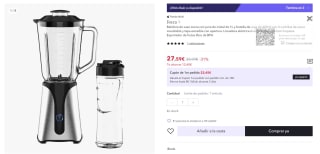 Batidora de Vaso de Cristal con Botella de Viaje/Potencia 350W, marca Joca (Jarra + Botella 350W) por 27.59€ (Cuenta Nueva 17.59€)
