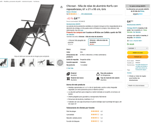 Silla Chicreat de relax aluminio Korfu con reposabrazos 61x21x95cm por solo 64,76€