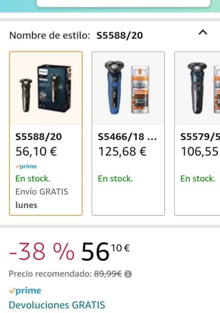 Philips S5588/20 Afeitadora serie 5000 por 56,10€.