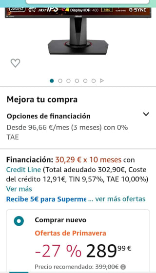 Asus TUF Gaming VG279QM 27"por 289,99€.