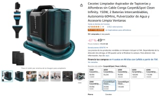 Cecotec Limpiador Aspirador de Tapicerías y Alfombras sin Cable Conga Carpet&Spot Clean Infinity por 49€