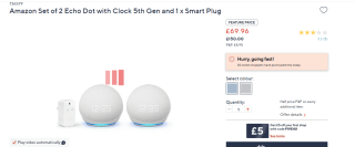2 Echo Dot with Clock 5th Gen for £69.96 at QVC UK