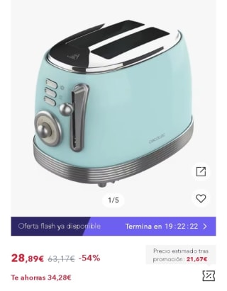 Cecotec Tostadora Toast&Taste 800 Vintage Light Blue. 850 W, Doble Ranura por 21,67€.