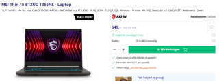 MSI Thin 15 B12UC-1255NL laptop voor €649 bij Azerty