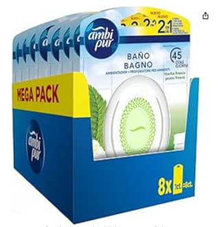 Ambipur Ambientador Casa para Baño (8 x 45 días), Elimina y Previene los Malos Olores, Fragancia Hierba Fresca por 15.92€