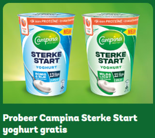 Je kan nu gratis Campina Srerke Start yoghurt Rijk & Romig 450 gram of Mild & Licht 450 gram proberen.