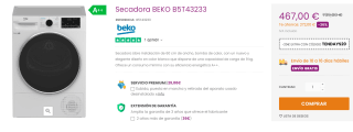 Secadora de 9Kg BEKO B5T43233 por 447€