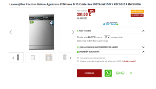 Lavavajillas Cecotec Bolero Aguazero 6700 Inox B 15 Cubiertos por 391€