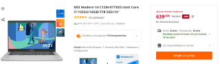 Portatil MSI Modern 14 C12M-077XES Intel Core i7-1255U/16GB/1TB SSD por 599€