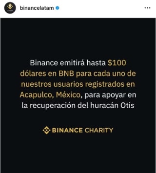 $100 USD para Usuarios de Binance de Guerrero por el Huracán Otis