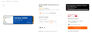 Disco duro WD Blue SN580 1TB SSD M.2 PCIe 4.0 NVMe por 56,99€