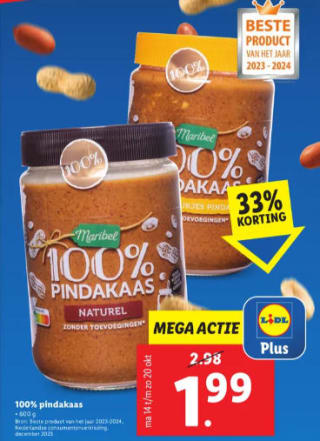 100% pindakaas naturel of met stukjes 600gram voor €1,99 bij de Lidl