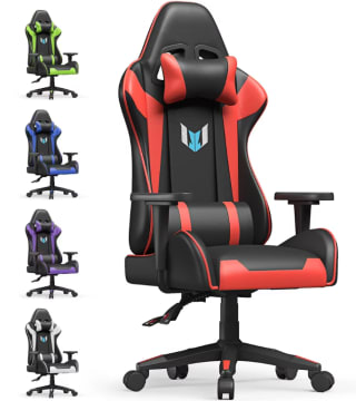 bigzzia Gaming Chair Office Chair - Ergonomic PU Leather Chair with Lumbar Cushion, Headrest, and Fixed Armrest (Red)