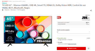 Televisión LED 65 pulgadas Hisense 65A6BG, UHD 4K por 389€