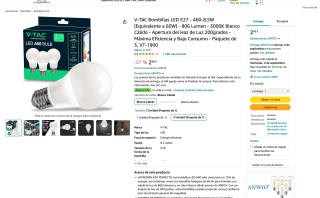V-TAC Bombillas LED E27 A60 8,5W 806 Lumen 3000K por solo 2,98€