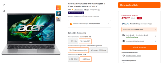 Portátil Acer Aspire 3 A315-44P AMD Ryzen 7 5700U/16GB/512GB SSD por 399€