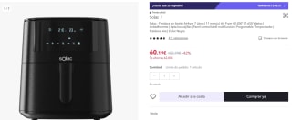 Solac Freidora sin Aceite Airfryer 7 Litros por 60,19€ (cuenta nueva por 48,18€)