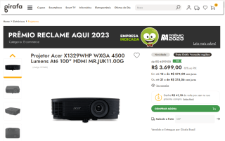 Projetor da Acer X1329WHP WXGA - R$ 3.699