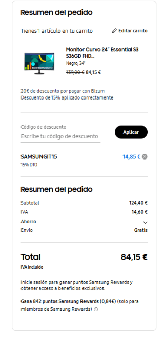 Samsung Monitor Curvo 27” Essential S3 S36GD FHD 100Hz LS27D362GAUXEN por 84,15€