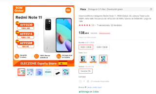 Marca Xiaomi Smartphone modelo Redmi Note 11, ROM Global, 4G 128gb por 138,60€ (plaza)