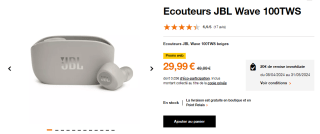 Écouteurs sans fil JBL Wave 100TWS - beiges à 29,99€