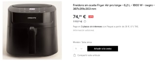Freidora sin aceite Create Fryer Air pro large - 6,2 L - 1800 W por 74.95€