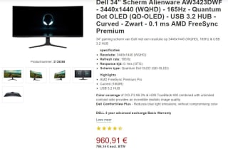 Alienware AW3423DWF 34" Quad HD 165Hz Curved OLED monitor voor €960,91 bij Proshop