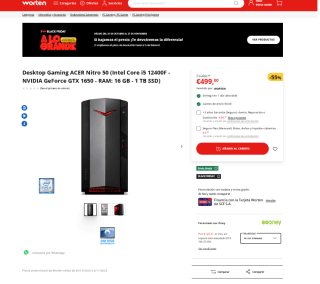 Desktop Gaming ACER Nitro 50 Intel Core i5 12400F NVIDIA GeForce GTX 1650 por 499€