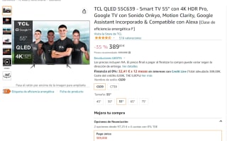 Smart TV 55" marca TCL QLED modelo 55C639 por 389€