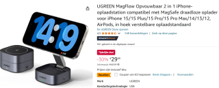 UGREEN Opvouwbaar 2 in 1 iPhone-oplaadstation compatibel met MagSafe voor €26,99 bij Amazon